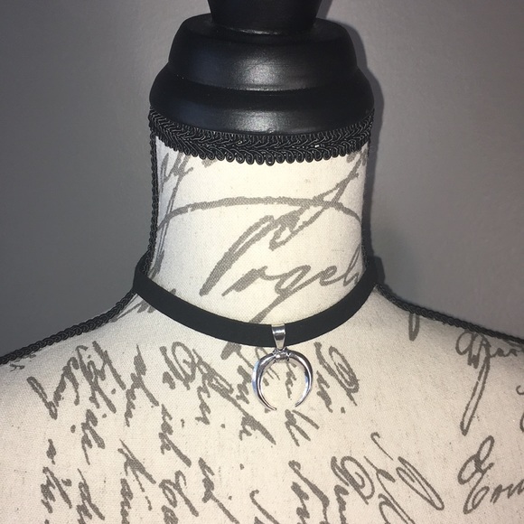 Black Suede Choker with Silver Mystic Moon - Picture 3 of 7